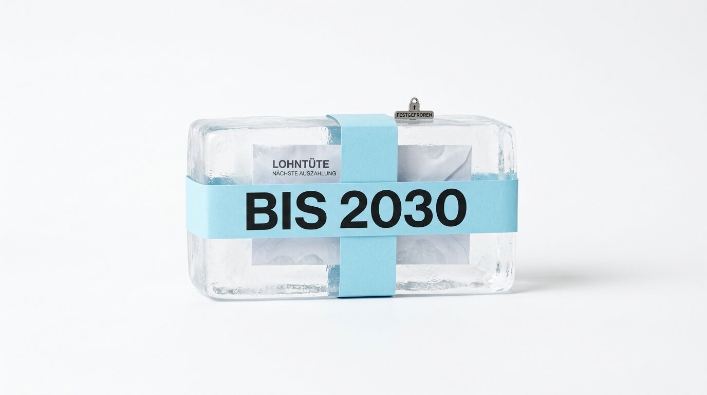 Ein in Eis eingefrorener Lohnbeutel, versiegelt mit blauen Bändern, die bis 2030 beschriftet sind