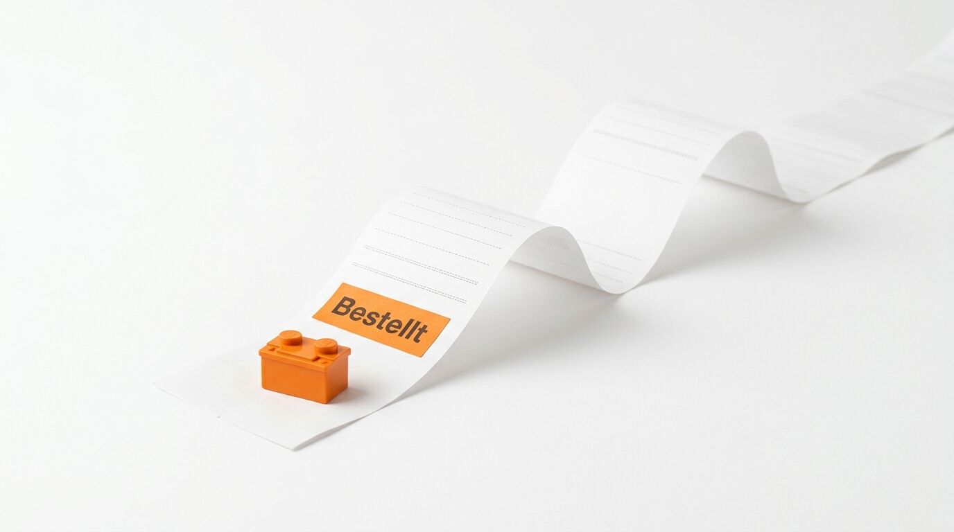 Ein oranger Spielzeug-Lego-Stein liegt auf einem gewellten Bonpapier mit der Aufschrift „Bestellt“ auf einem weißen Hintergrund