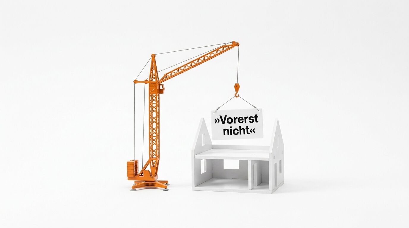 Oranger Spielzeugkran, Rohbauhaus und Schild »Vorerst nicht« auf weißem Hintergrund