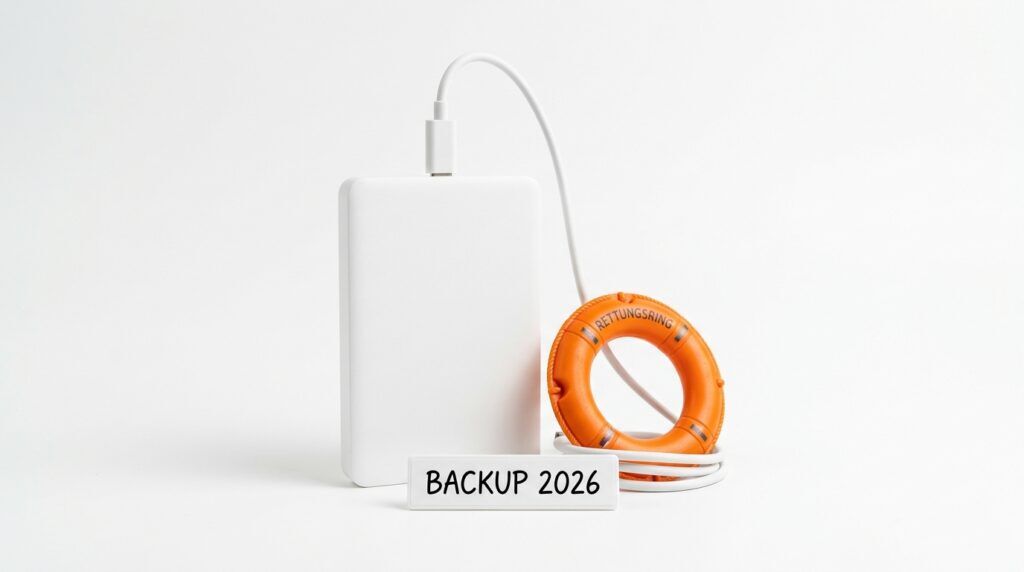Vor Datenverlust wappnen 2026: externe Festplatte mit orangefarbenem Mini-Rettungsring neben einem Schild mit der Aufschrift Backup 2026