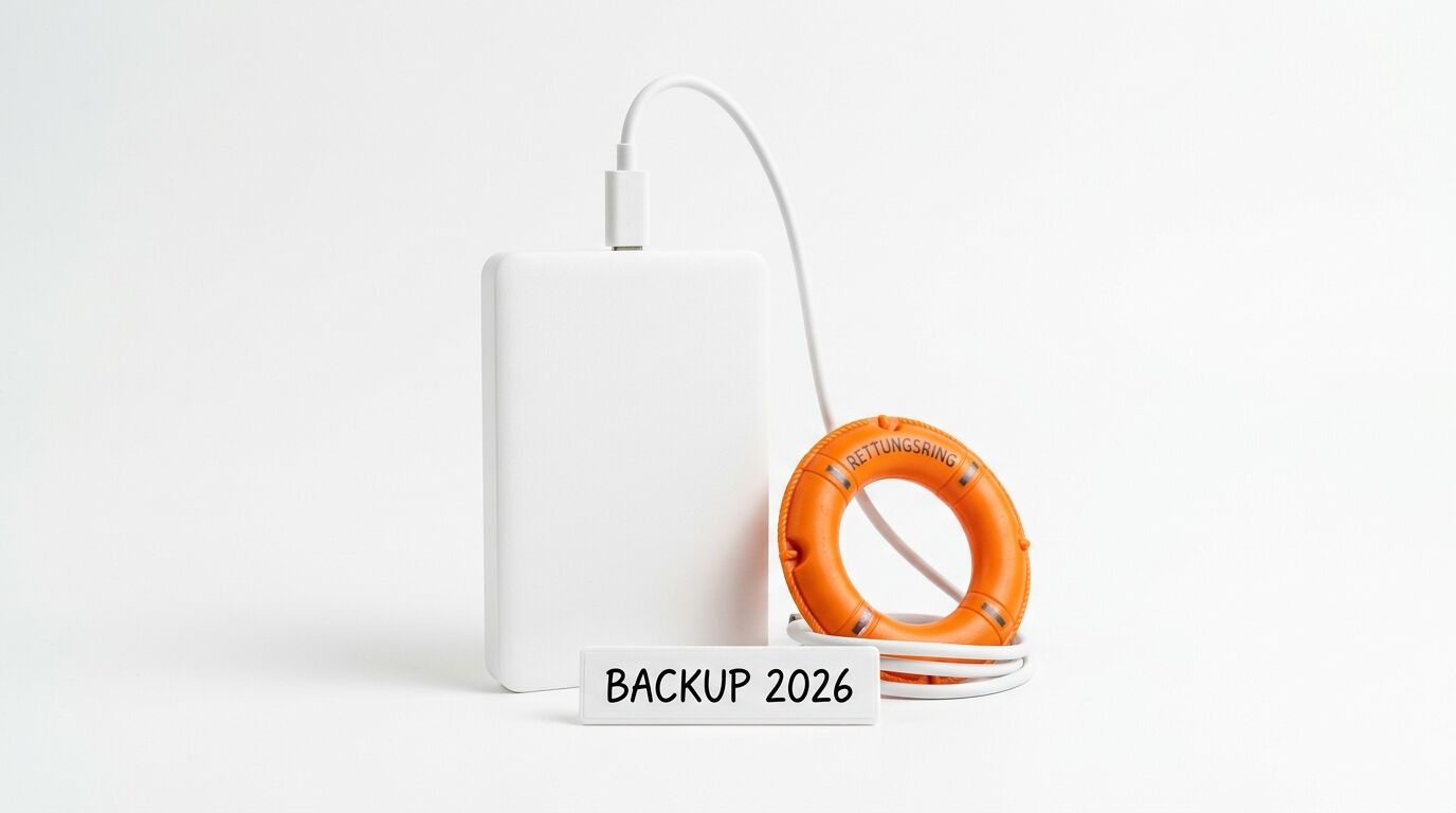 Weiße Festplatte, Rettungsring und Schild „BACKUP 2026“ auf weißem Grund