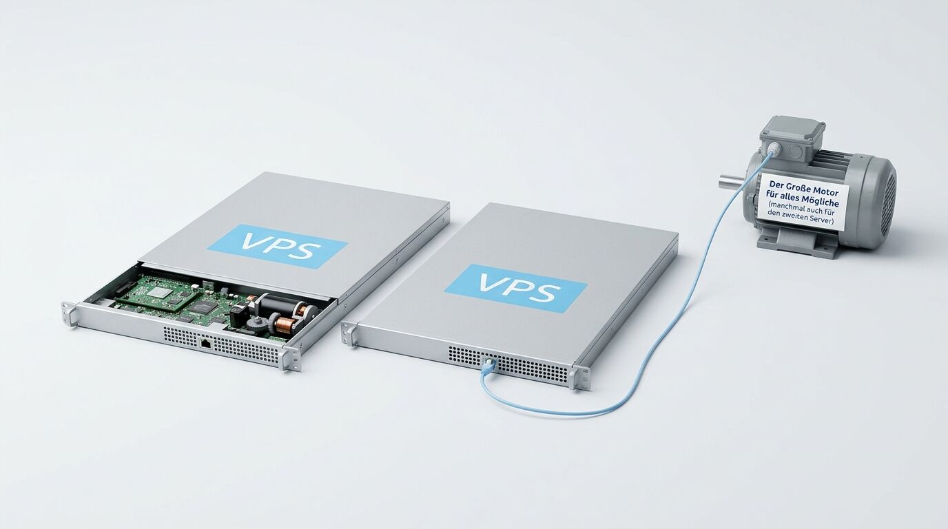 Zwei VPS-Servergehäuse und ein Elektromotor auf weißem Grund