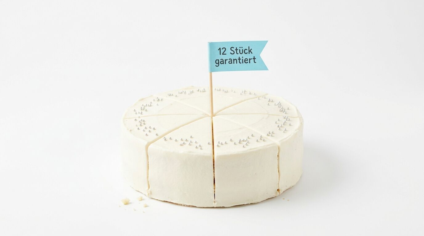 Runde, in 12 Stücke geteilte weiße Torte mit blauem Fähnchen auf weißem Grund