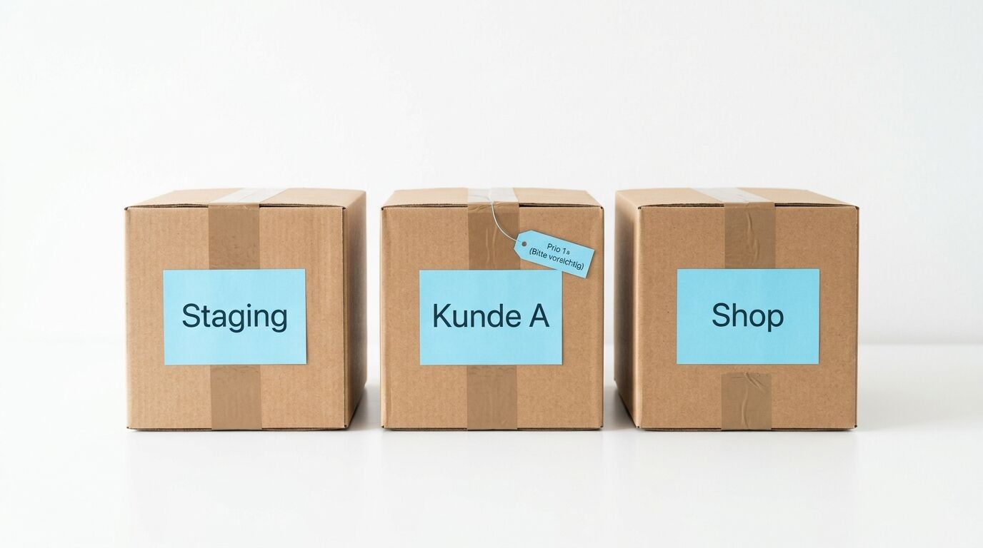 Drei Kartons mit blauen Etiketten