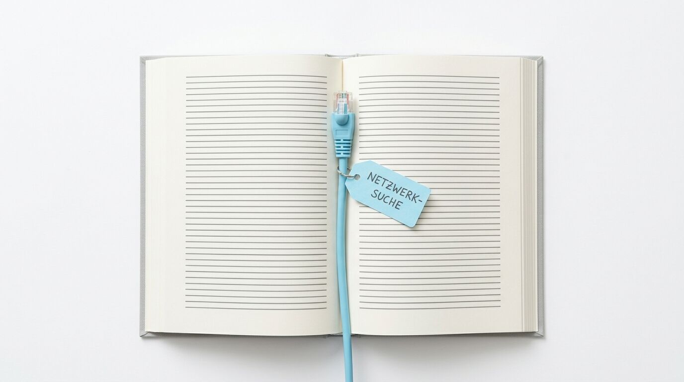 Aufgeschlagenes Notizbuch mit einem Netzwerkkabel und dem Anhänger „Netzwerk-Suche“
