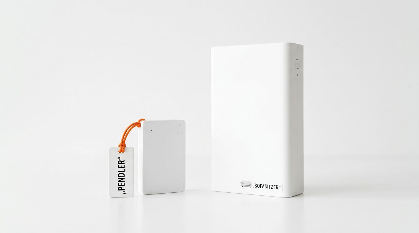 Zwei weiße Powerbanks, eine klein mit Anhänger („PENDLER“), eine groß („SOFASITZER“)