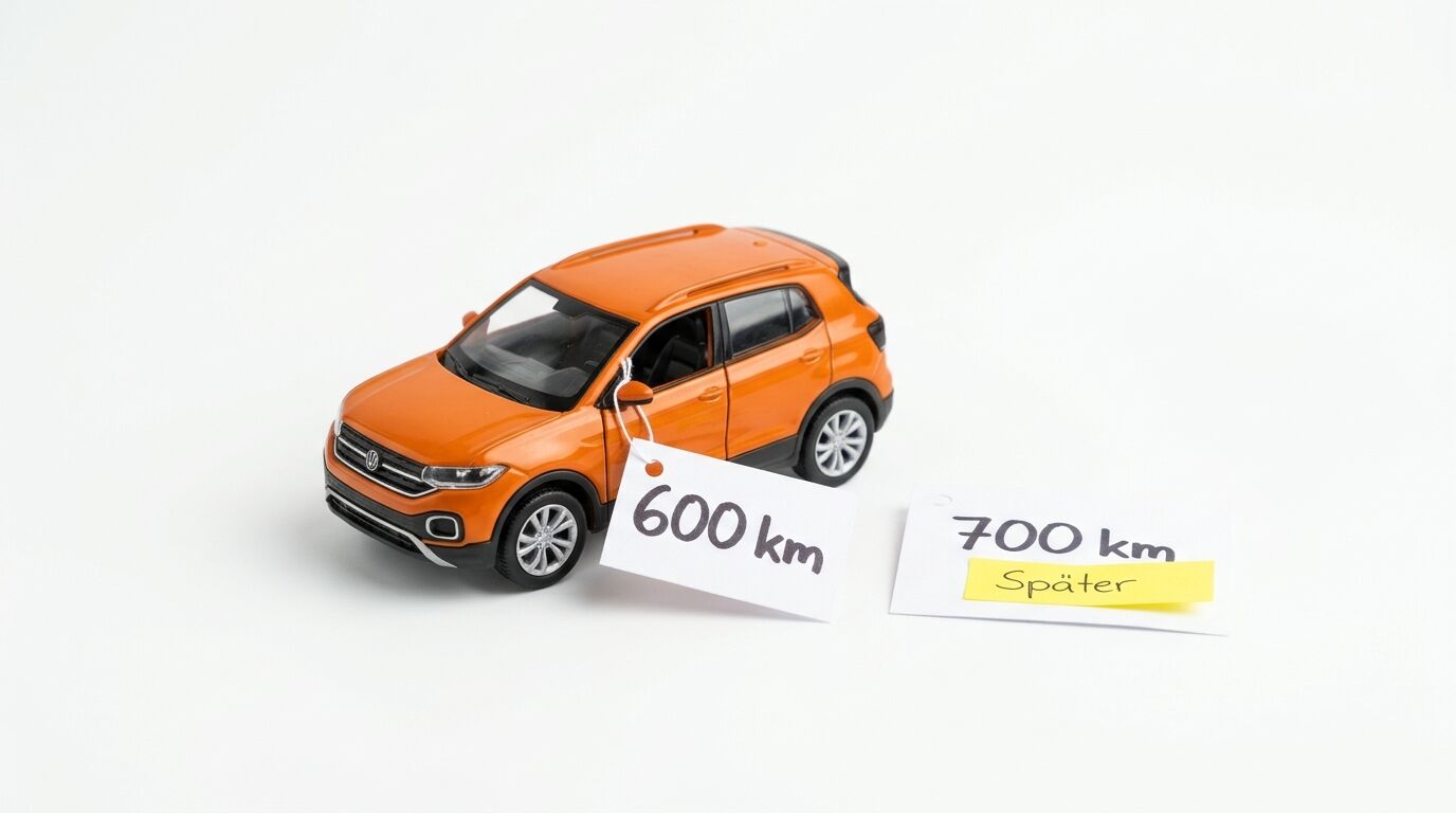 Oranges Spielzeugauto mit Schildern: „600 km“ (befestigt) und „700 km Später“ daneben
