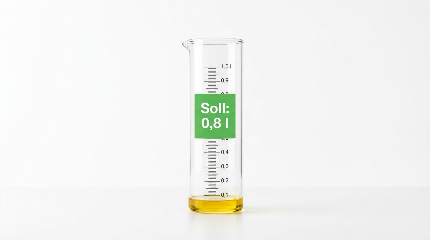 Messzylinder mit gelber Flüssigkeit und grünem Schild „Soll: 0,8 l“ auf Weiß