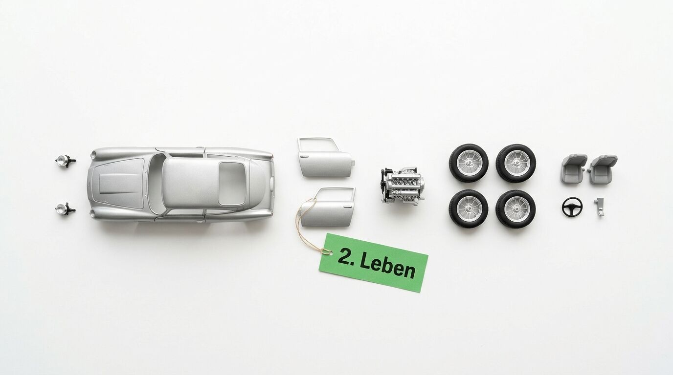 Zerlegtes Modellauto mit grünem Anhänger „2. Leben“ auf weißem Hintergrund