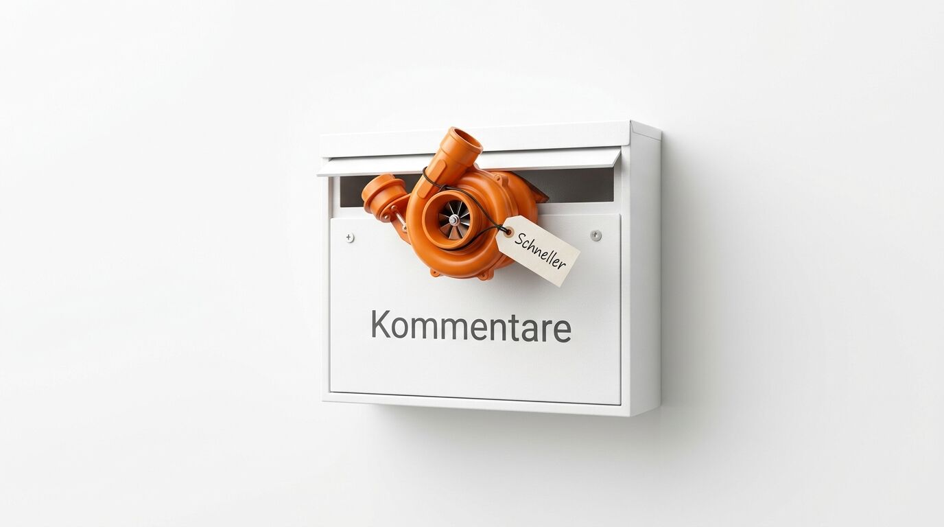 Ein weißer Briefkasten mit der Aufschrift „Kommentare“, in dem ein oranger Turbolader steckt