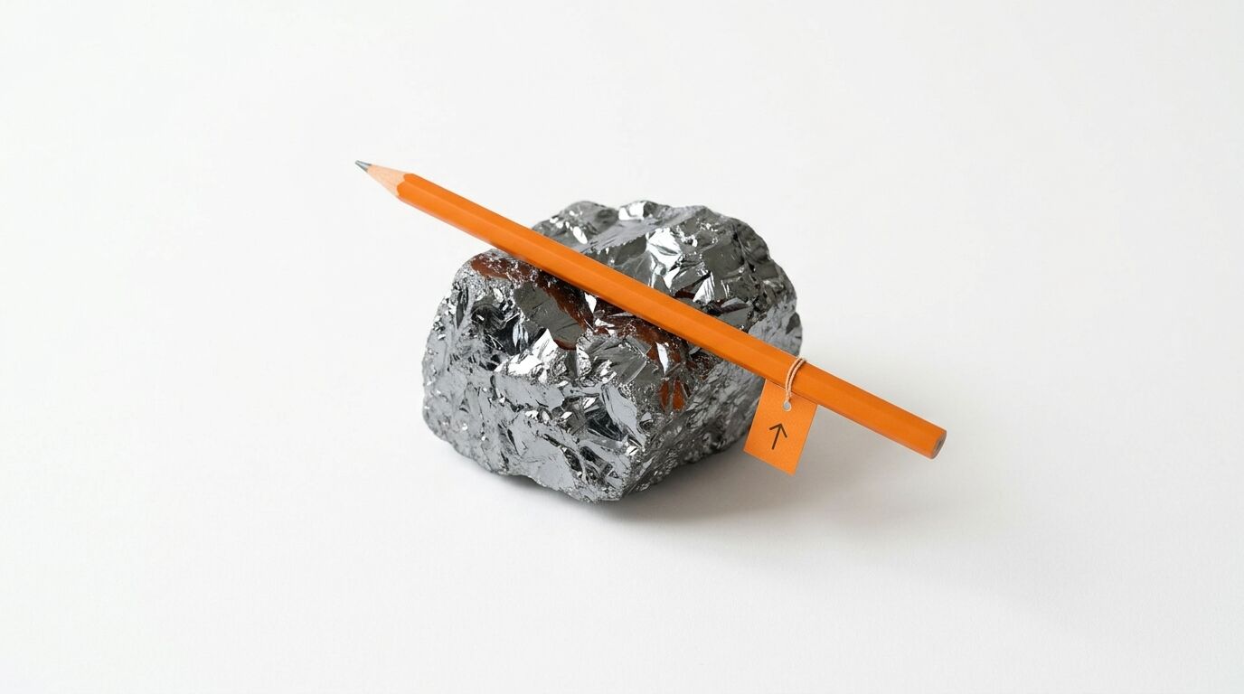 Ein Bleistift liegt auf einem glänzenden Gesteinsbrocken vor weißem Hintergrund