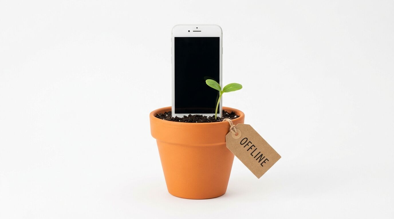 Handy in Blumentopf mit Pflänzchen und