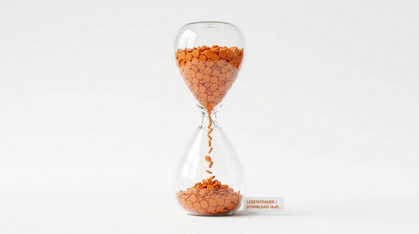 Sanduhr mit orangeroten, quadratischen Formen anstatt Sand. Unten rechts ein weißes Schild