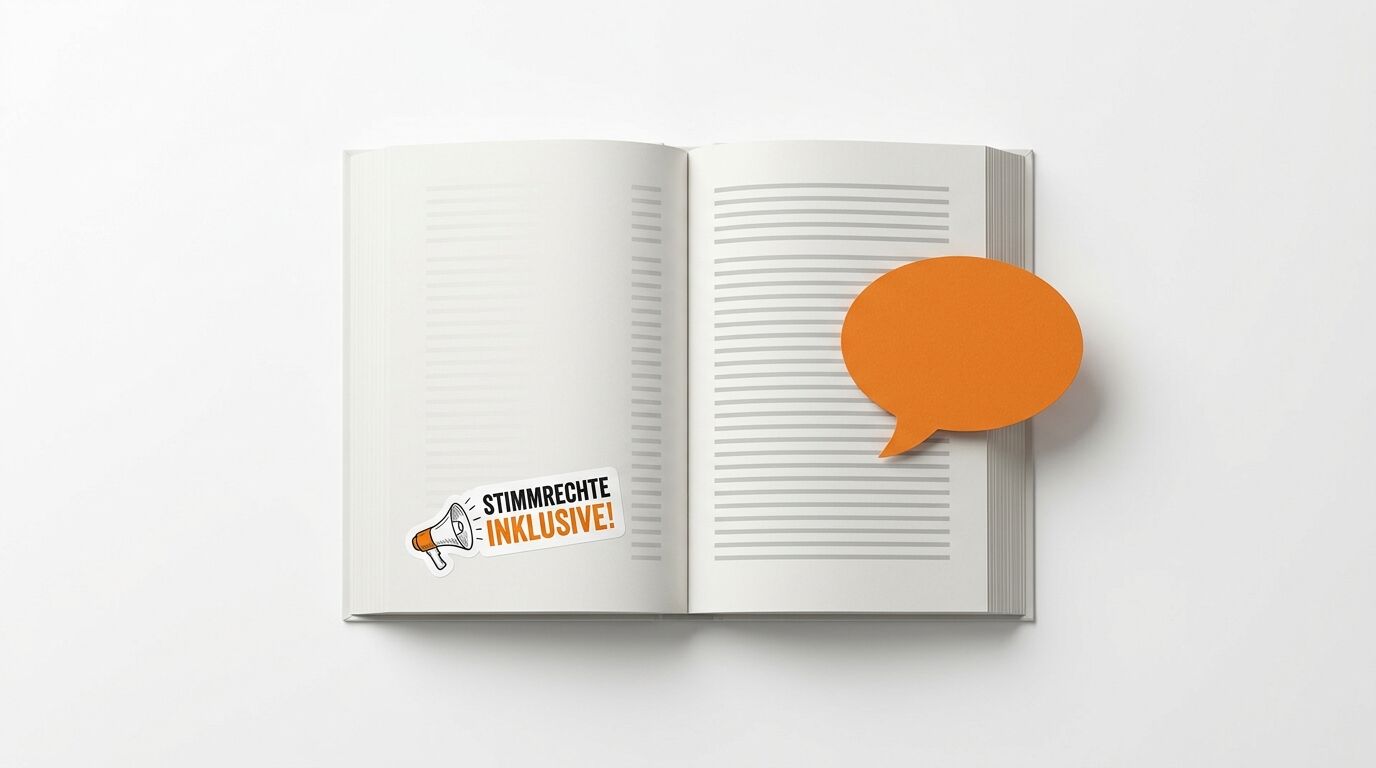 Buch mit Spruch, Megafon-Sticker links, orangener Sprechblase rechts, weißer Hintergrund