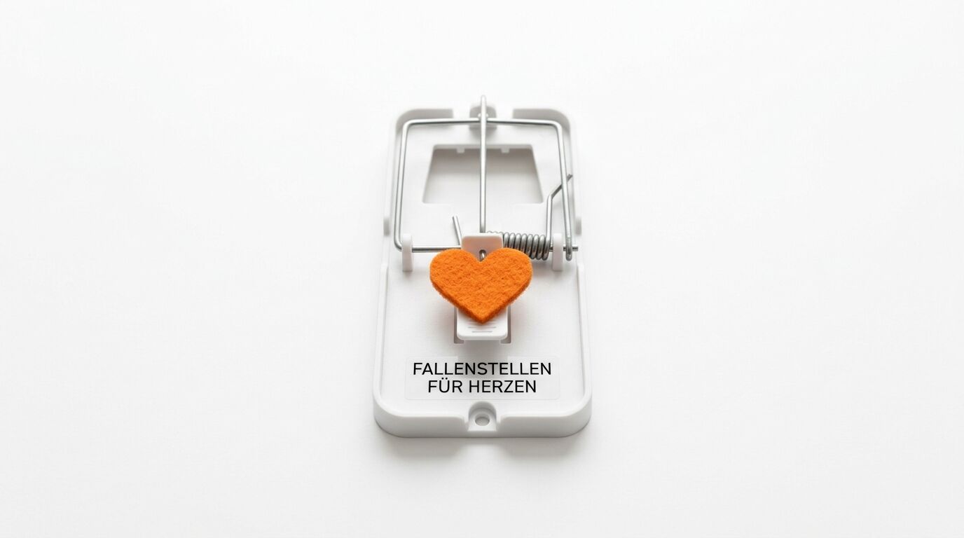 Mausefalle aus Kunststoff mit einem Filzherz und dem Text „FALLENSTELLEN FÜR HERZEN“