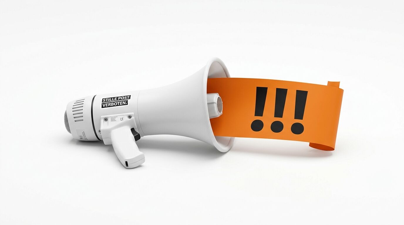 Ein Megafon mit dem Aufdruck „Stille Post verboten“ und drei Ausrufezeichen auf einem Banner