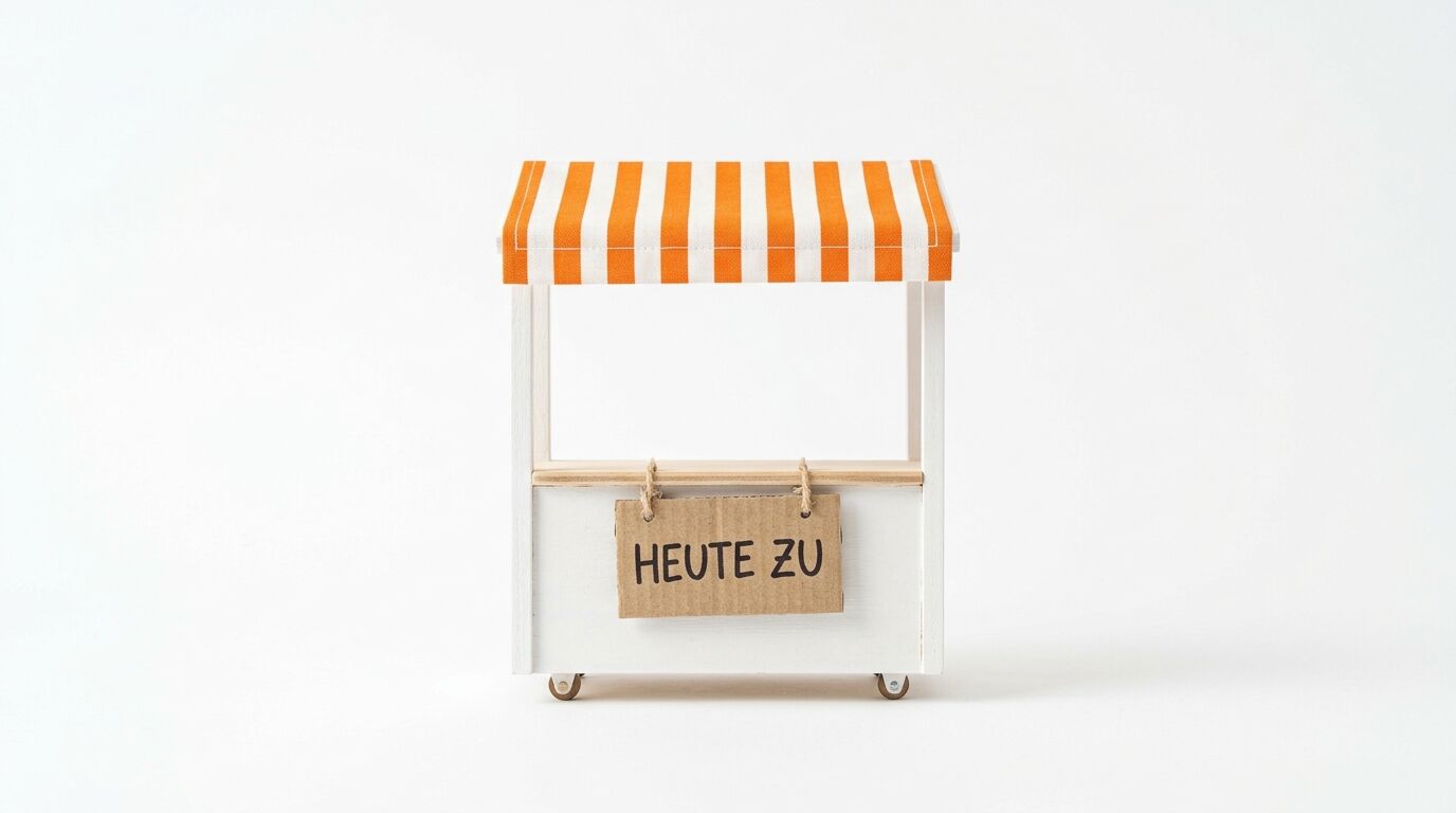Modell-Marktstand mit orange-weiß gestreifter Markise und Schild mit der Aufschrift HEUTE ZU vor weißem Hintergrund