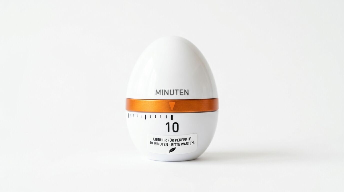 Eiförmige Eieruhr, weiß mit orangerotem Ring und Aufschrift