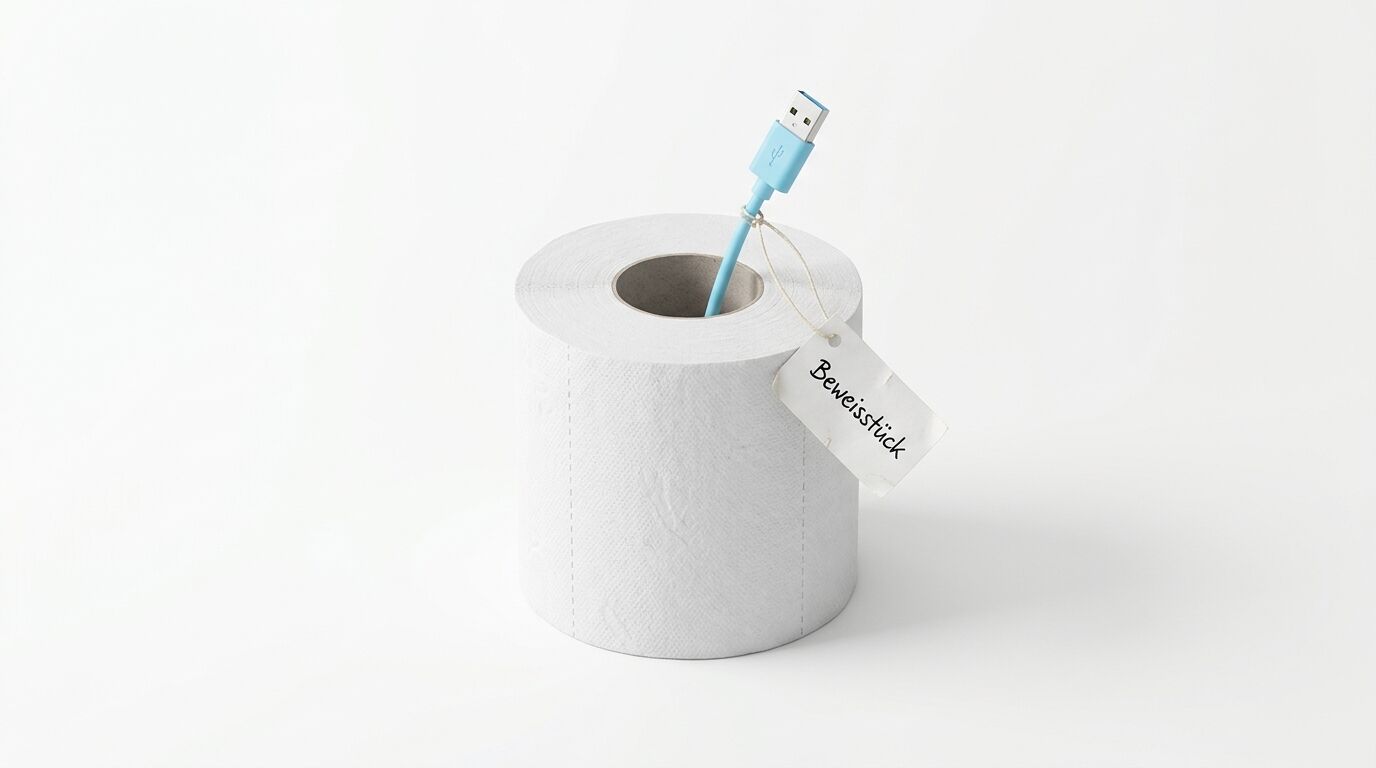 Klopapierrolle mit blauem USB-Kabel und Beweisstück-Schild, weißer Hintergrund