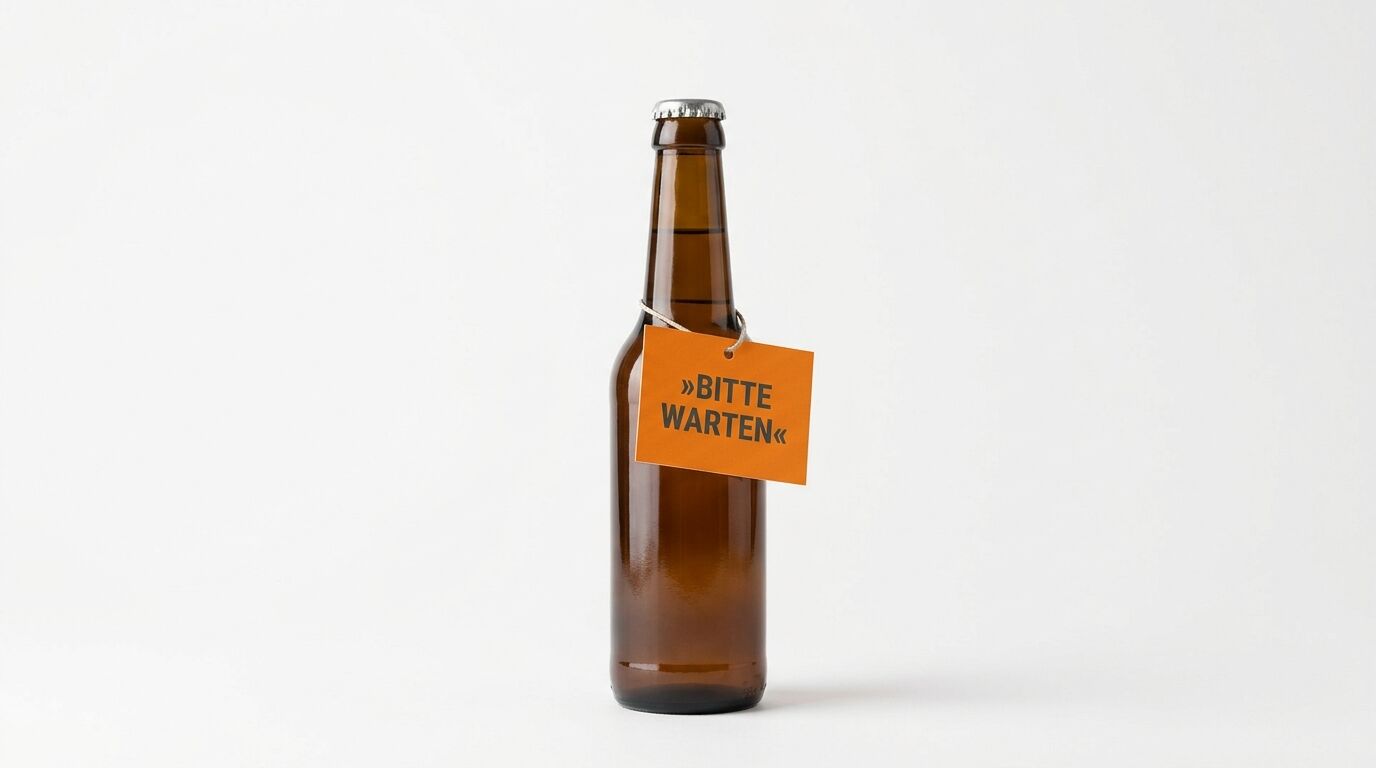Braune Bierflasche mit orangefarbenem Schild »BITTE WARTEN« vor weißem Hintergrund
