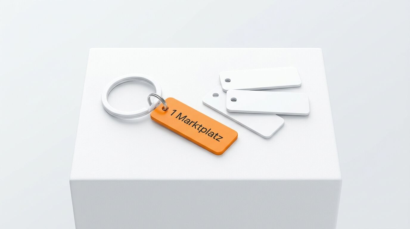 Orangener Schlüsselanhänger „1 Marktplatz“ mit Ring, dazu drei weiße Anhänger auf weißem Sockel