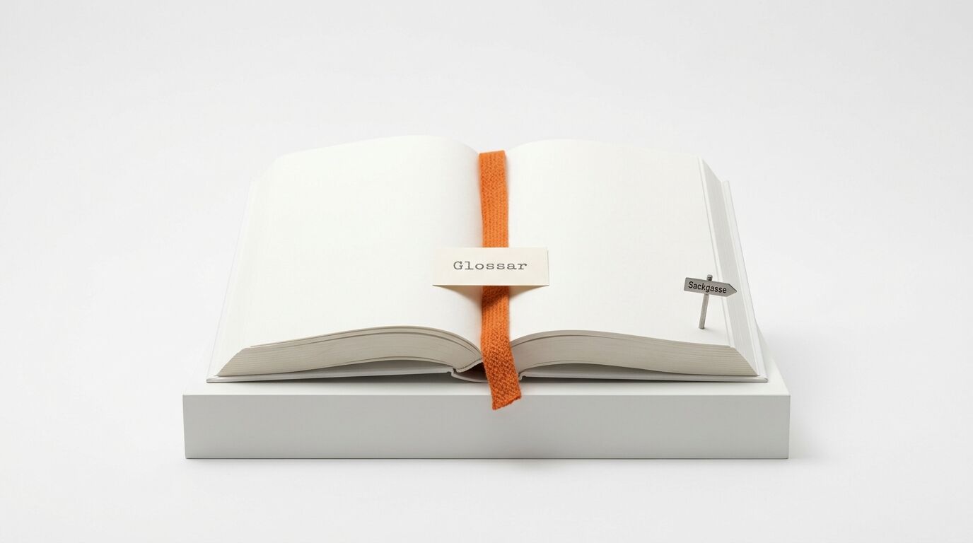 Ein offenes Buch mit orangefarbenem Lesezeichen, einem