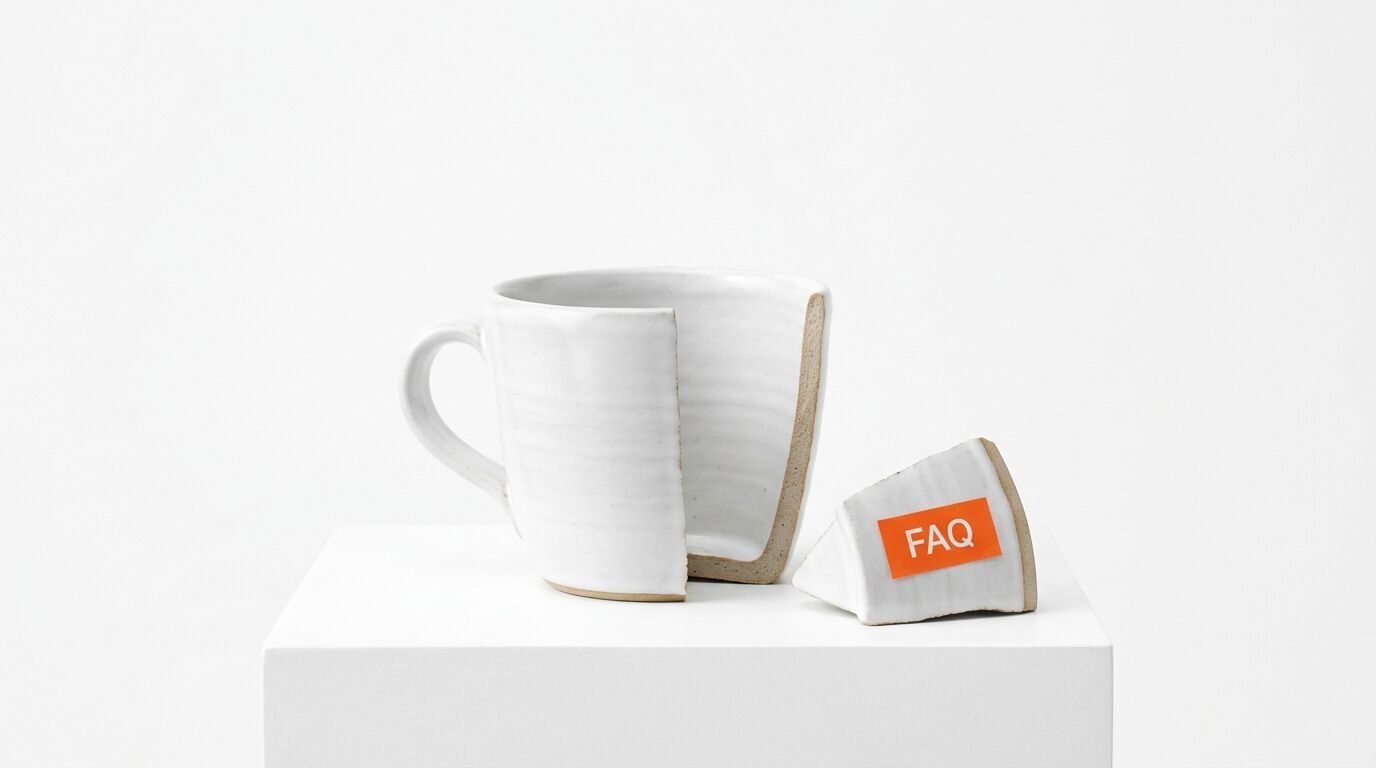 Zerbrochene Tasse auf weißem Sockel mit orangefarbenem Sticker „FAQ“