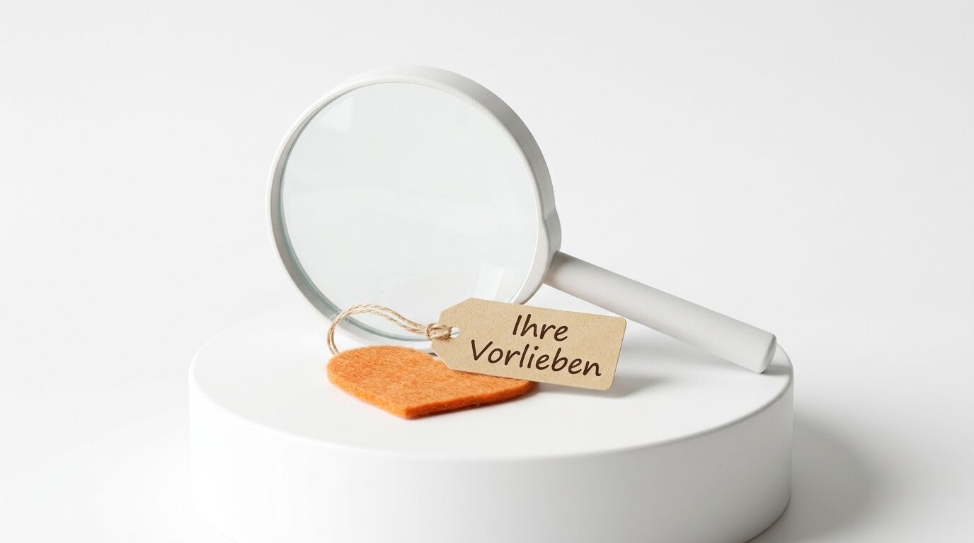 Weiße Lupe, Filzherz und Anhänger mit Aufschrift „Ihre Vorlieben“ auf weißem Sockel