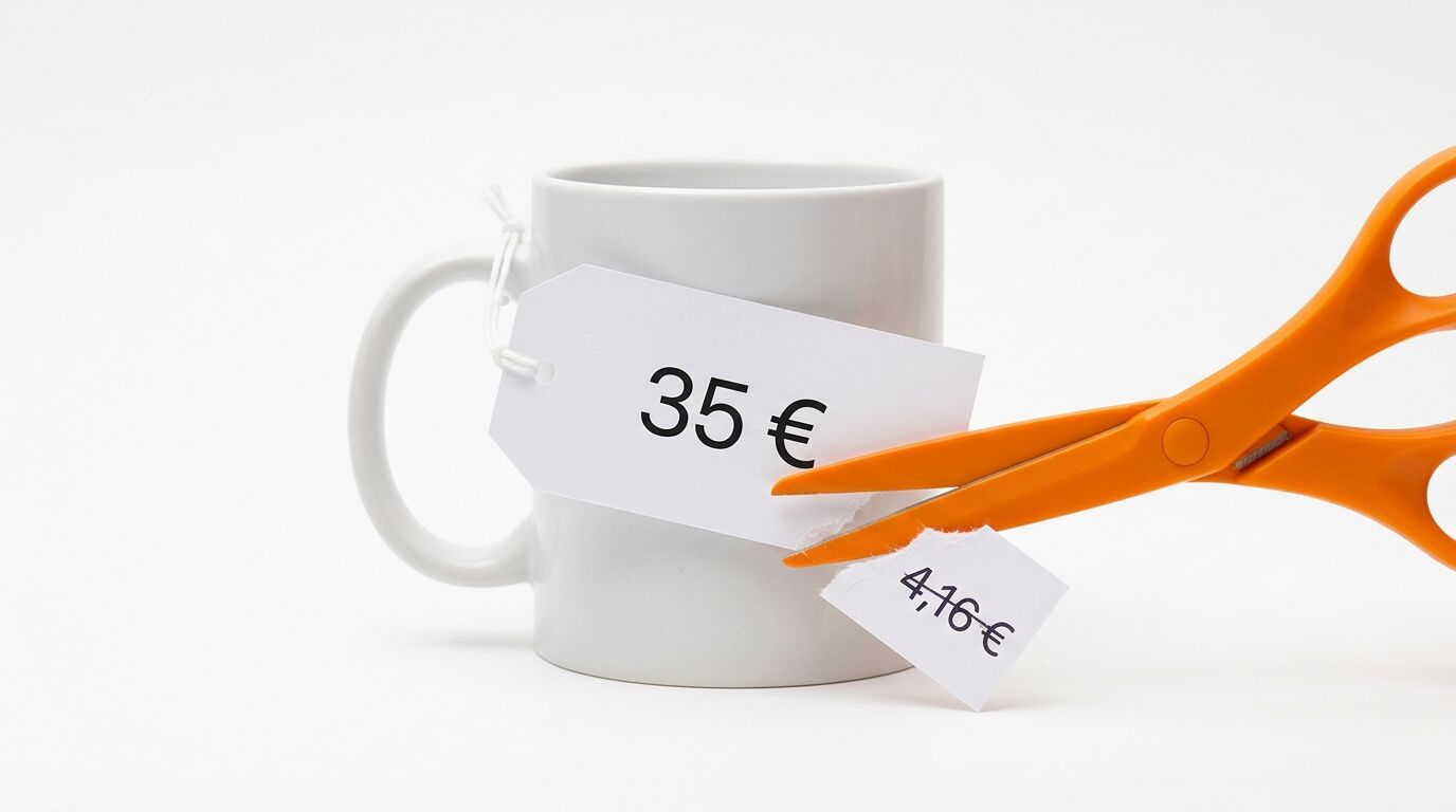 Weißer Becher mit Preisschildern „35 €“ und abgetrennt „4,16 €“ neben orangefarbener Schere vor weißem Grund
