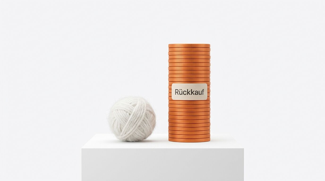Wollknäuel neben Münzstapel mit Aufschrift „Rückkauf“ auf weißem Podest und Hintergrund