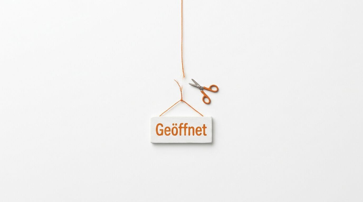 Eine kleine Schere durchtrennt den Faden, an dem ein Schild mit dem Text „Geöffnet“ hängt