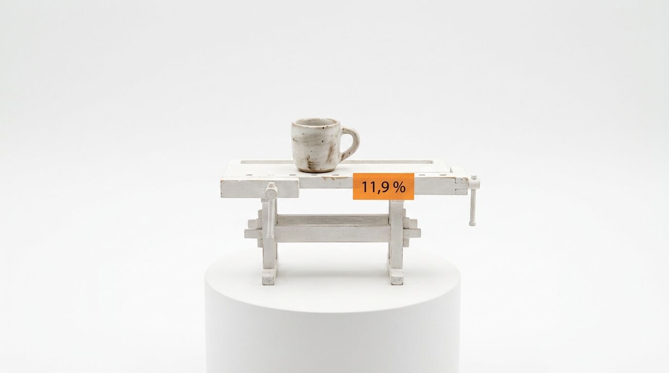 Miniatur-Werkbank mit Keramiktasse und Orangem Aufkleber