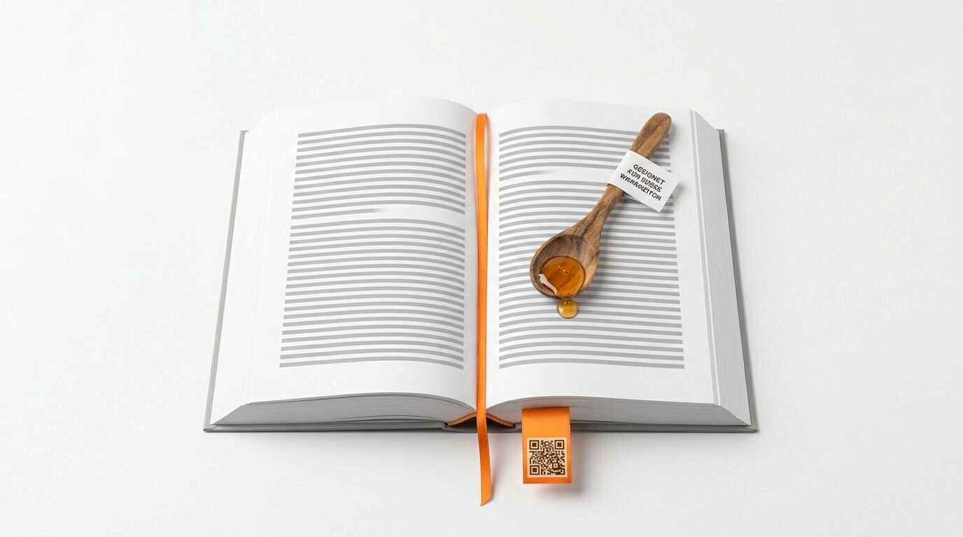 Aufgeschlagenes Buch, Löffel mit Honig auf der rechten Seite, orangefarbenes Band mit QR-Code