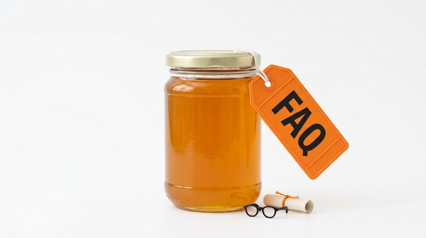 Honigglas mit goldfarbenem Deckel, orangefarbenem FAQ-Schild, Brille und Rolle auf weißem Grund