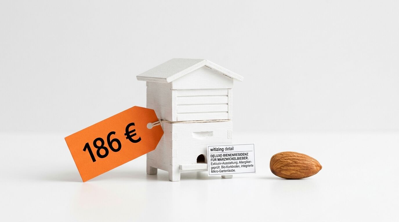 Modellbienenstock mit Preisschild, Infokarte und Mandel auf weißem Grund