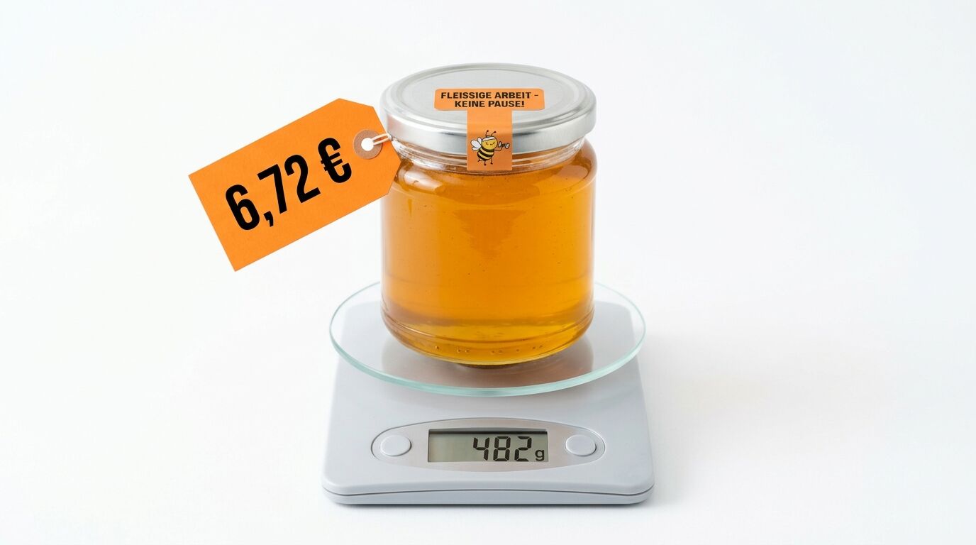 Glas Honig auf Waage (482 g) mit Preisschild (6,72 €) und Aufkleber „FLEISSIGE ARBEIT“