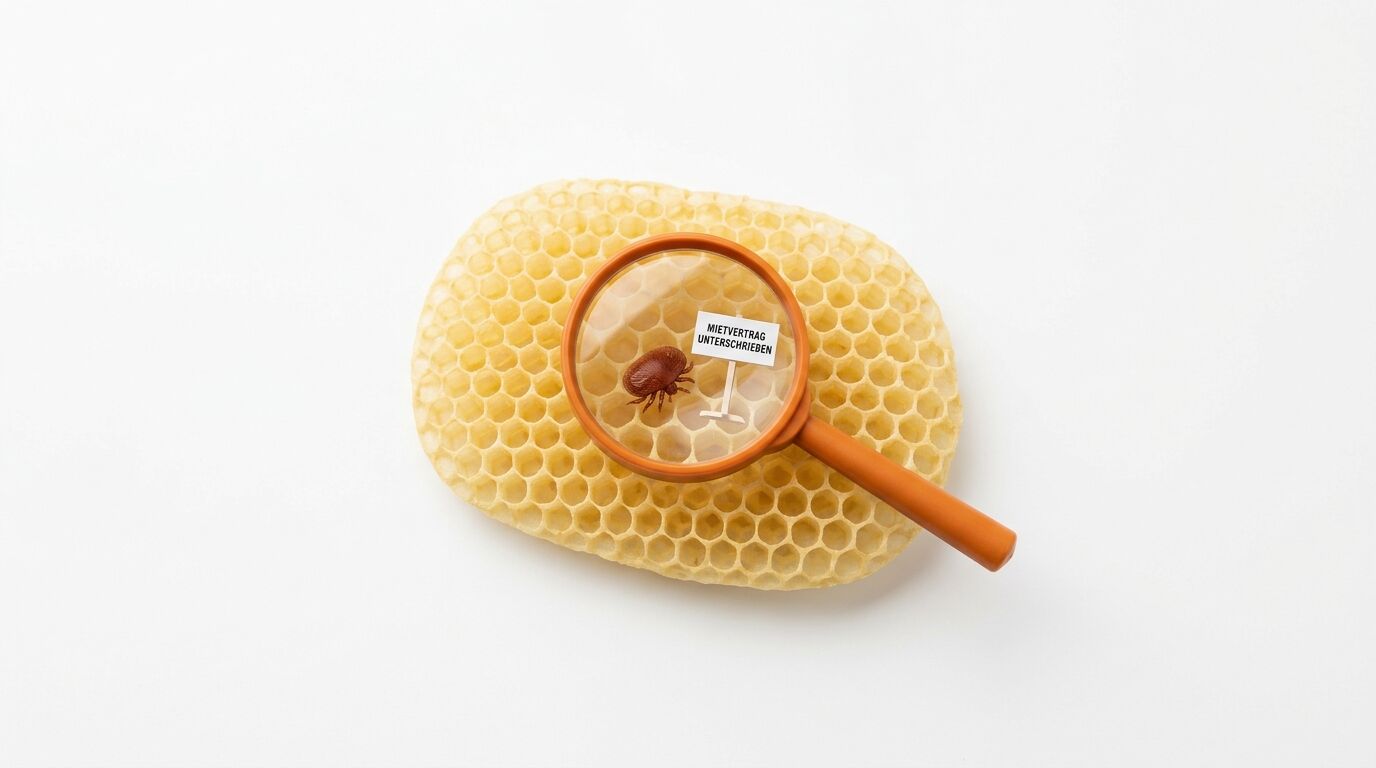 Bienenwabe mit einer Zecke und einem Schild unter einer Lupe auf weißem Grund