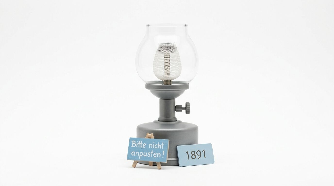 Graue Gaslampe mit Glühstrumpf, Hinweisschild 