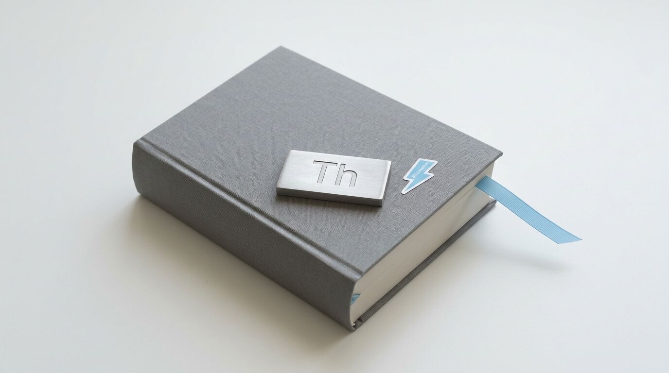 Ein graues Buch mit Metallplakette „Th“, Sticker und Lesezeichen auf weißem Grund