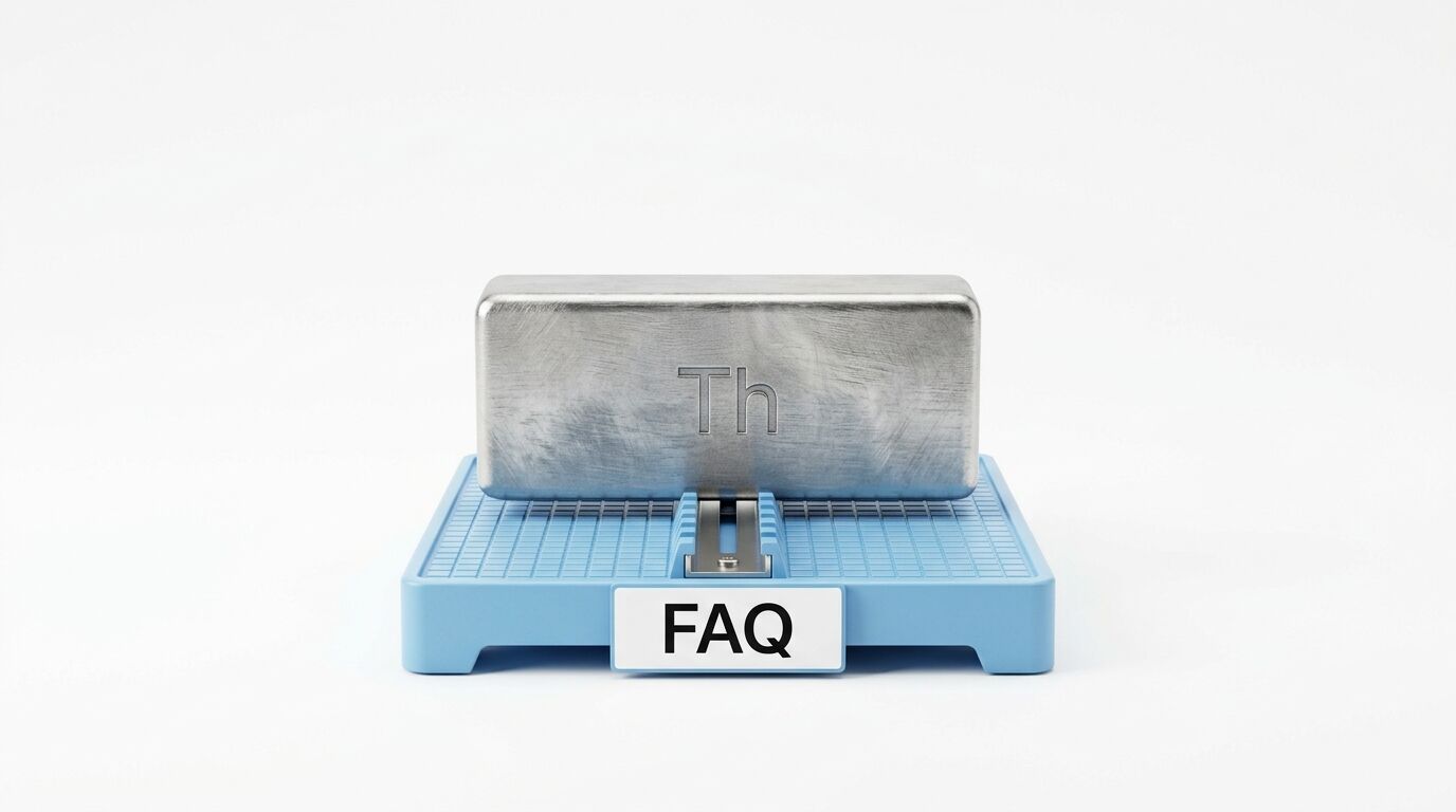Silberner Thorium-Barren auf blauem Podest mit FAQ-Schild vor weißem Hintergrund