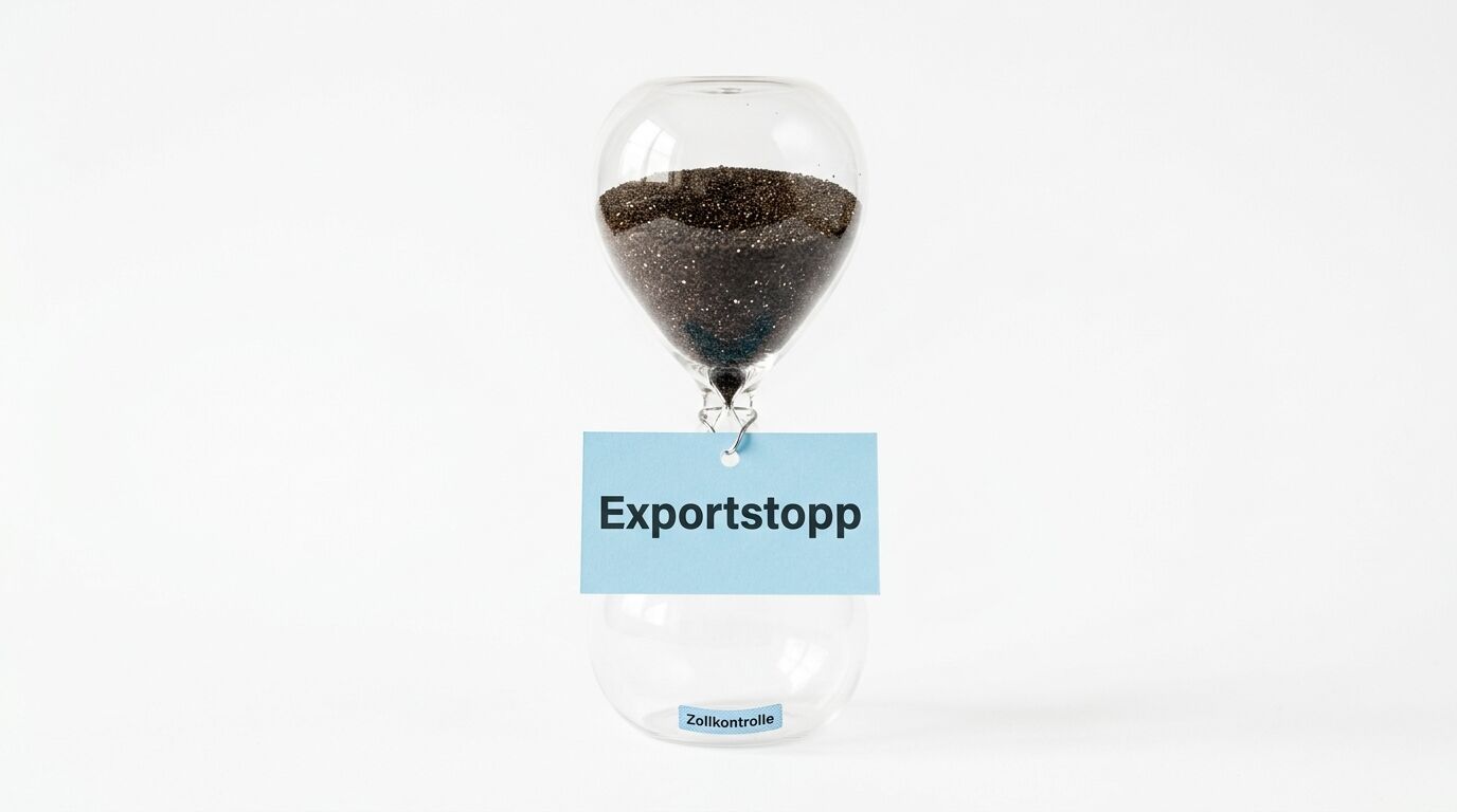 Eine Sanduhr mit blockiertem Sand und einem Schid mit der Aufschrift „Exportstopp“ vor weißem Hintergrund