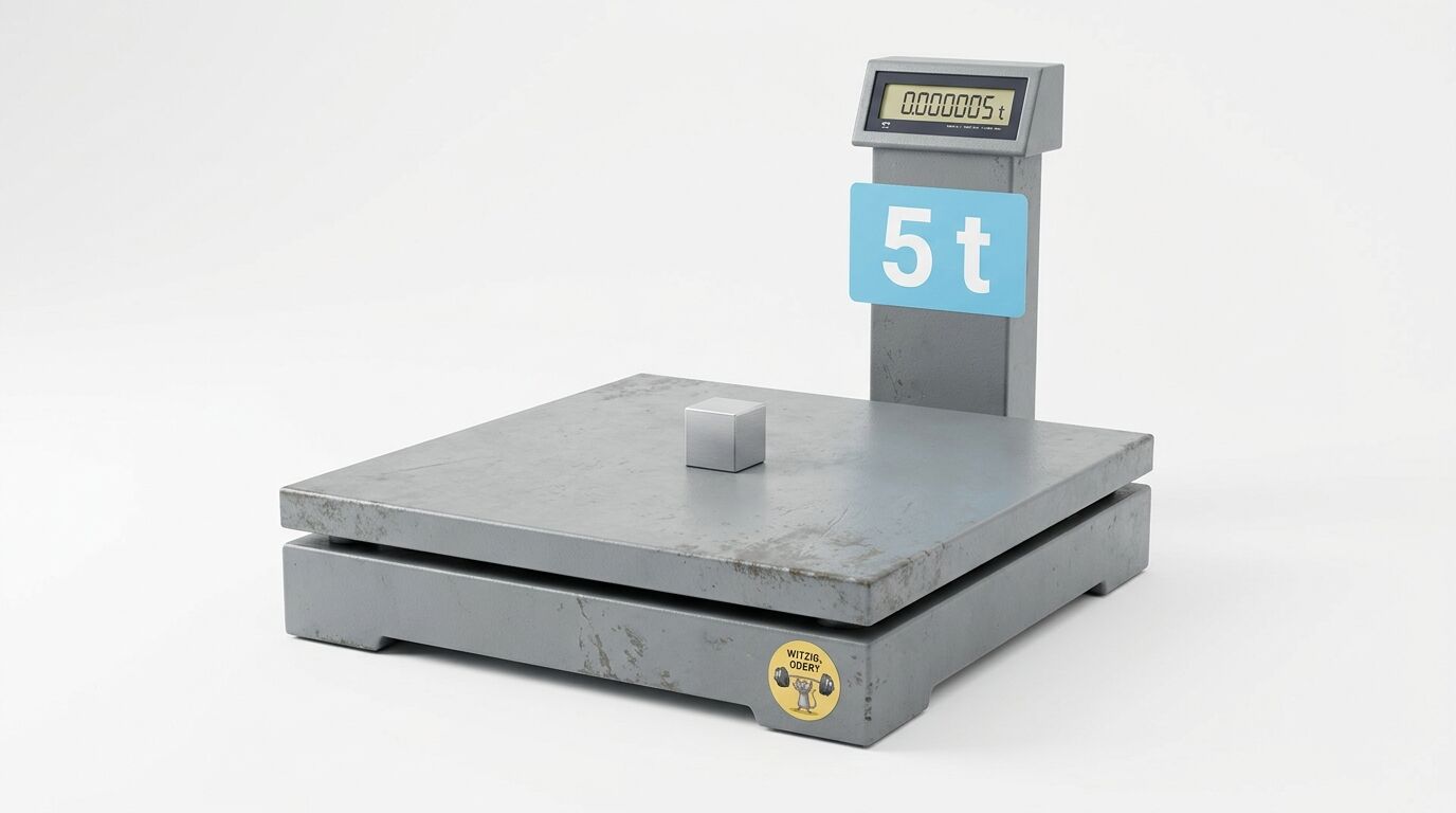 Digitale Industriewaage mit kleinem Metallwürfel und blauem Schild mit Aufschrift 