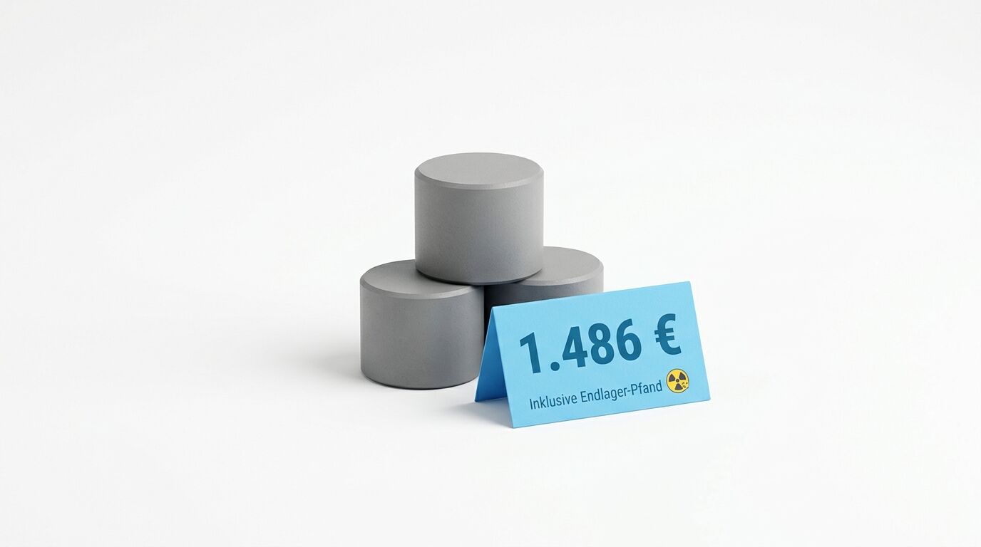 Drei graue Zylinder mit einem blauen Preisschild, das einen Preis und ein Atomsymbol anzeigt