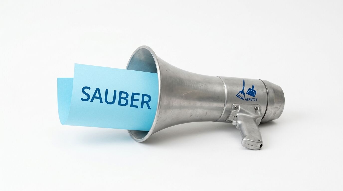 Megafon mit „SAUBER“-Schild und Putzsymbol auf weißem Grund