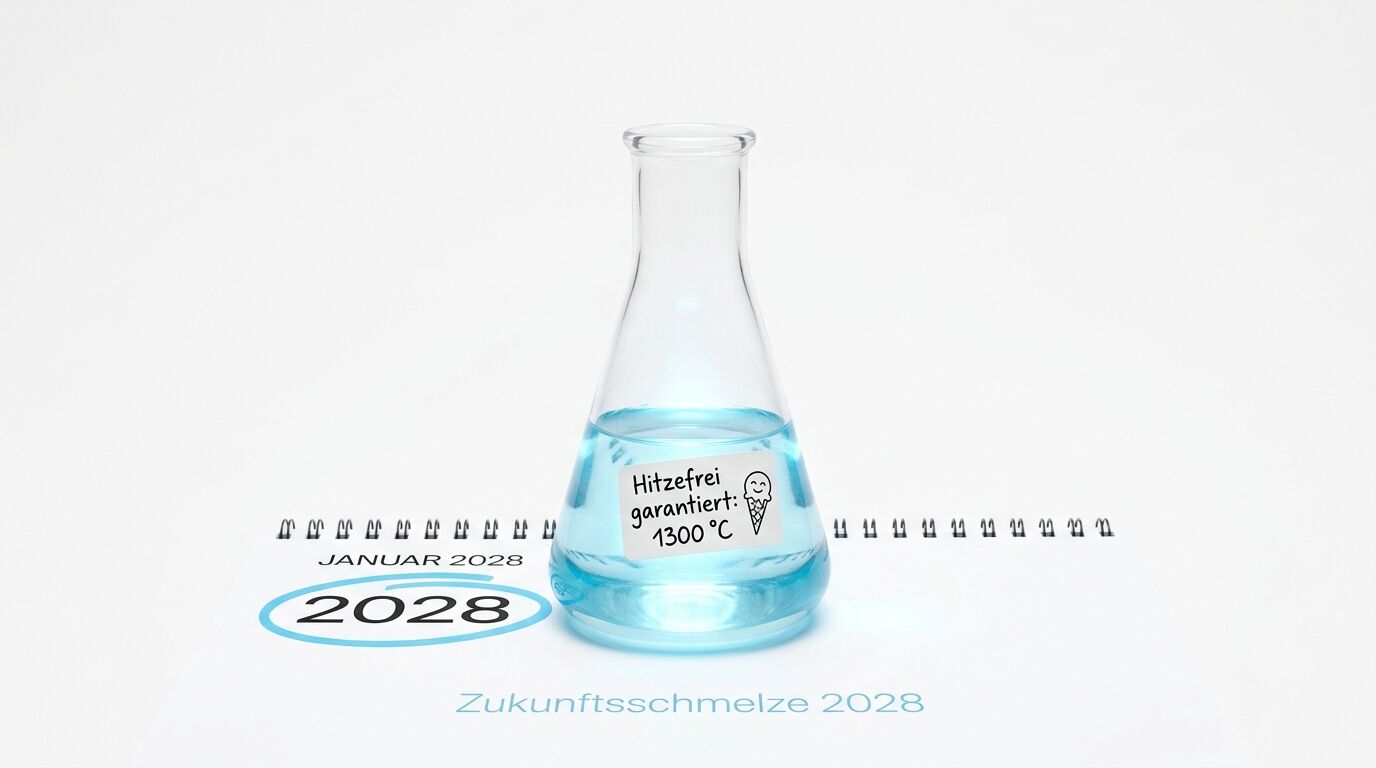 Erlenmeyerkolben mit blauer Flüssigkeit auf Kalenderblatt „JANUAR 2028“, Text „Hitzefrei...“