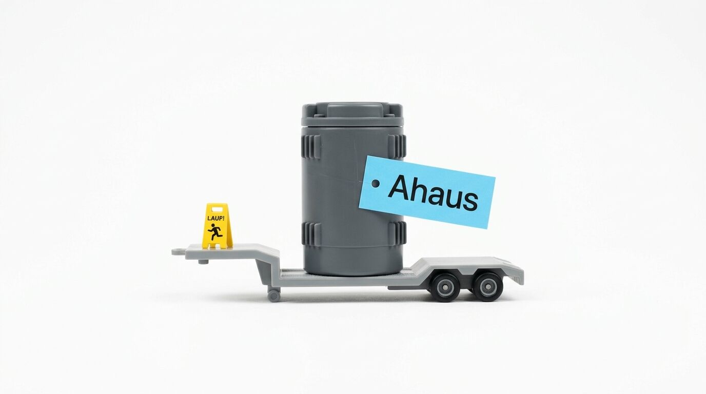 Modell eines Castor-Behälters auf einem Tieflader mit dem Schild 