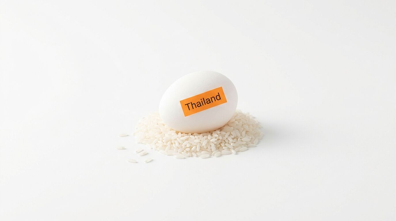 Ein weißes Ei mit orangefarbenem „Thailand“-Aufkleber liegt auf einem Haufen Reis