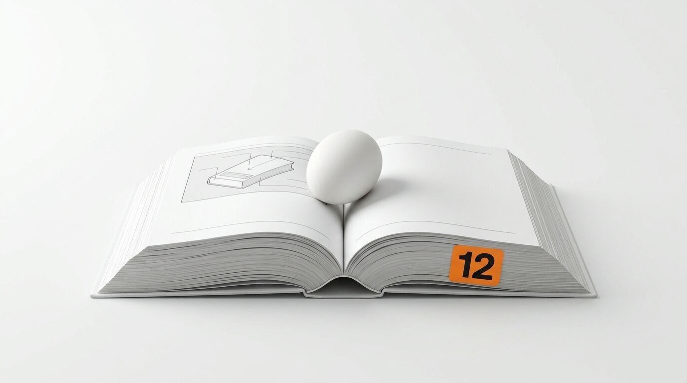 Ein Ei auf einem offenen Buch, das ein Diagramm und ein Etikett mit der Nummer 12 zeigt