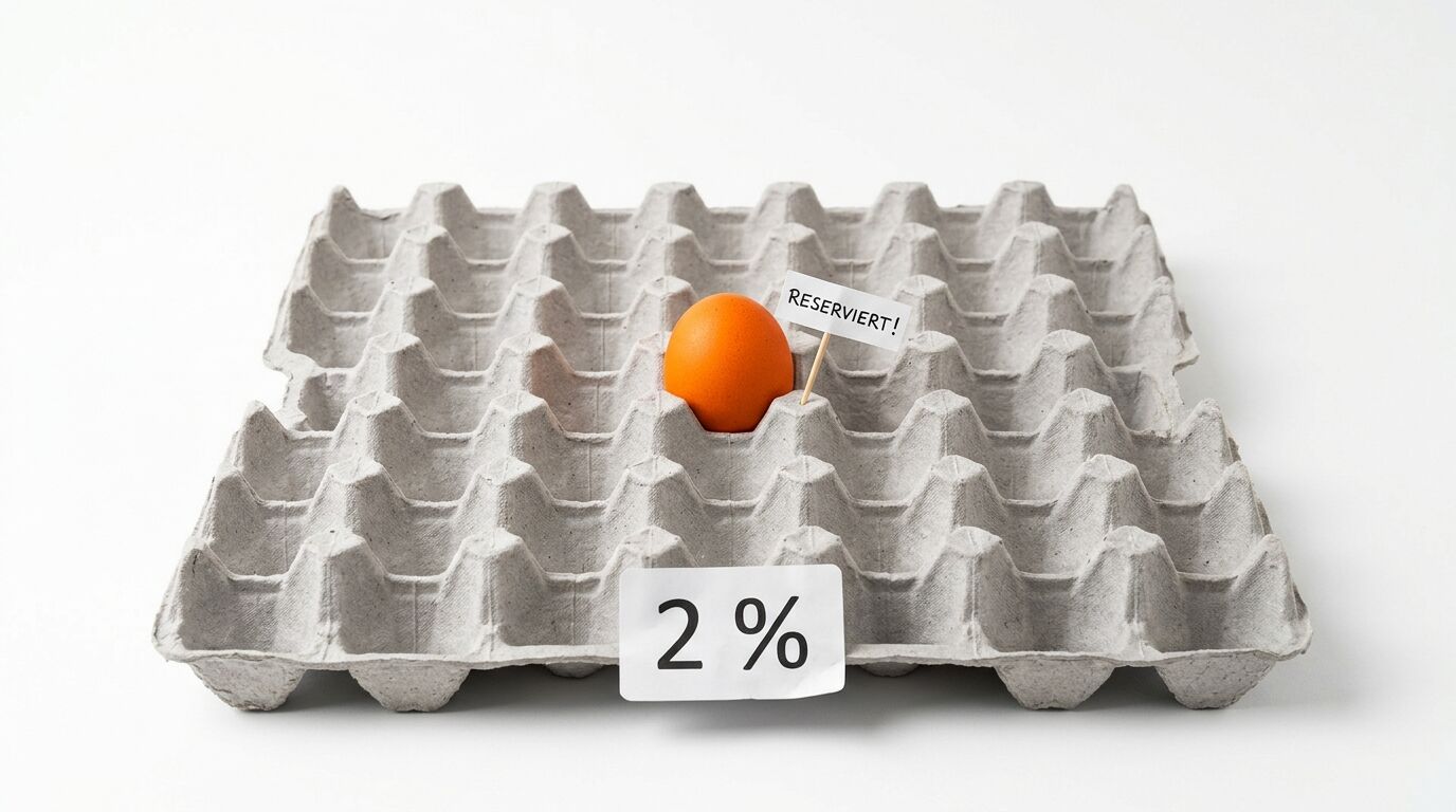 Ein orangefarbenes Ei mit „Reserviert!“-Schild und 2-%-Aufkleber in einem Eierkarton