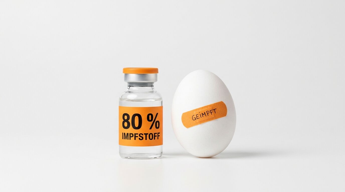 Impfstoffflasche „80 % IMPFSTOFF“ und Ei mit Pflaster „GEIMPFT“ vor weißem Hintergrund